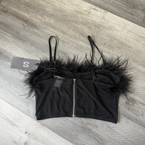 Sans Souci Faux Feather Mesh Bustier Black Small Stretch Adjustable - Picture 6 of 8